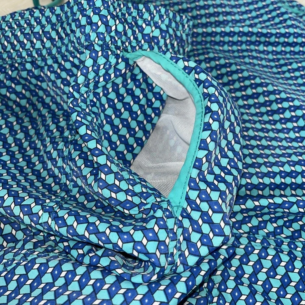 Mr. Swim Men's Large 100% Nylon Blue/Turquoise 3D Boxes Swim Beach Board Shorts